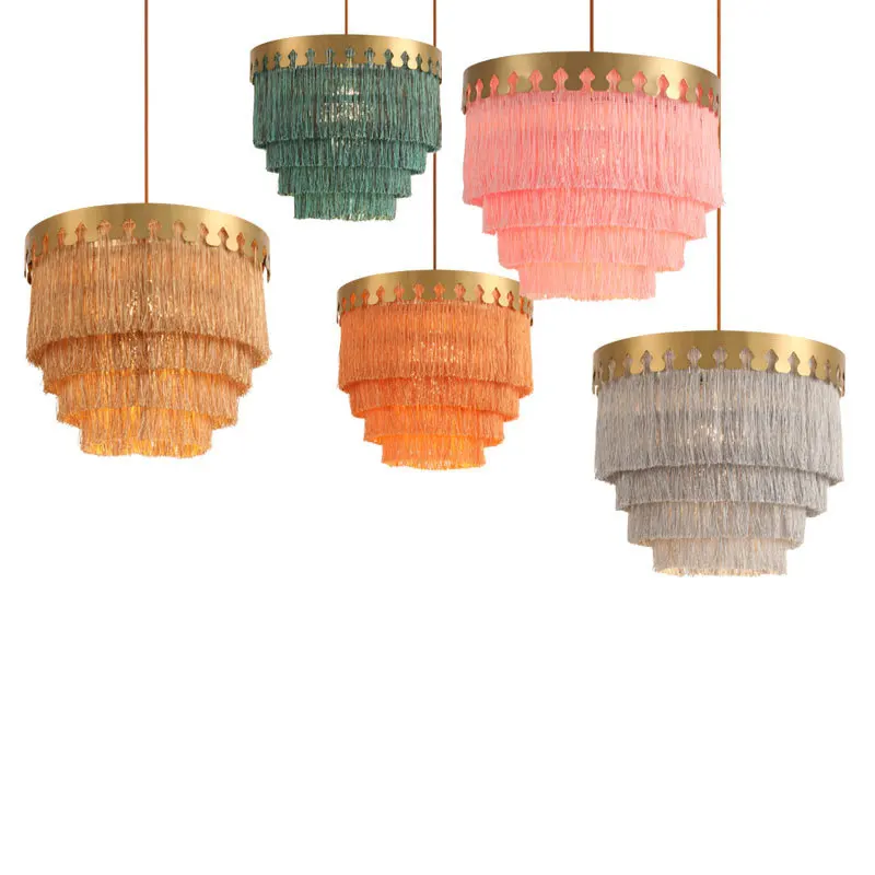 Nordic Postmodern Simple Light Luxury Tassel Lamp Living Room Bedroom Hotel Gold/Pink/Gray/Green/Orange LED Chandelier Lights