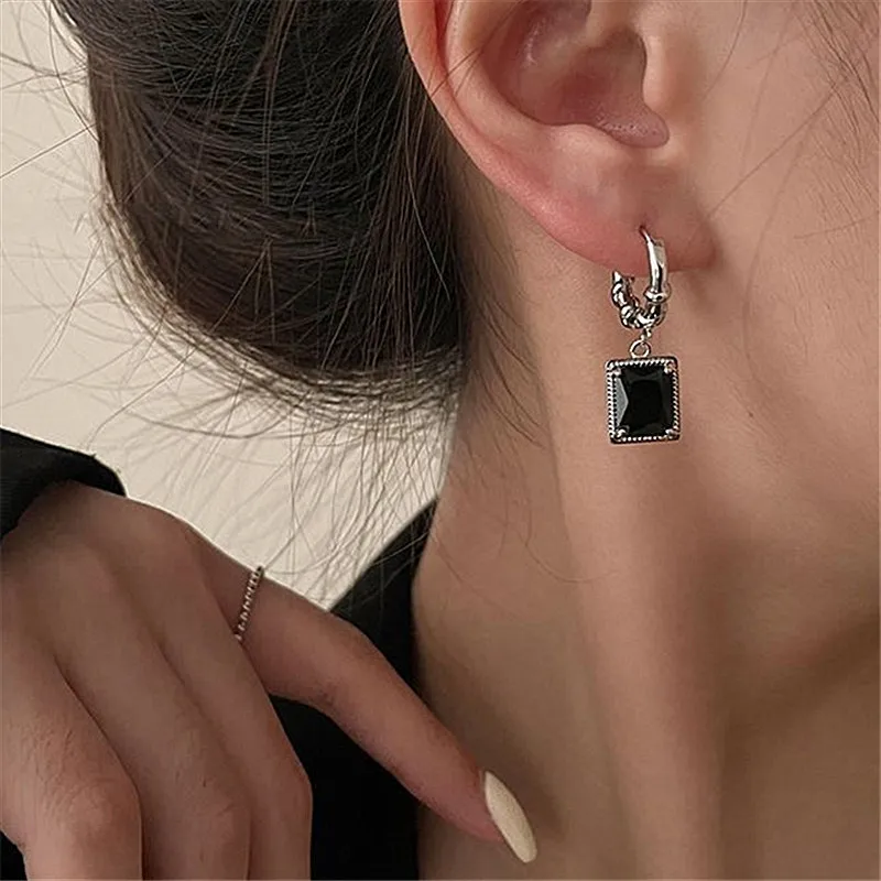 French elegant and simple black crystal square pendant earrings women\'s trendy prom party accessories