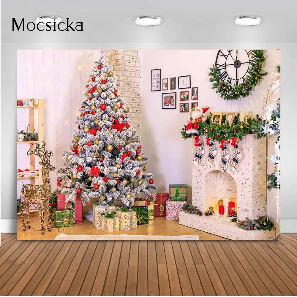 

Christmas Fireplace Living Room Photography Background Gift Boxes Deer Newborn Child Portrait Photo Backdrop Photocall Decor