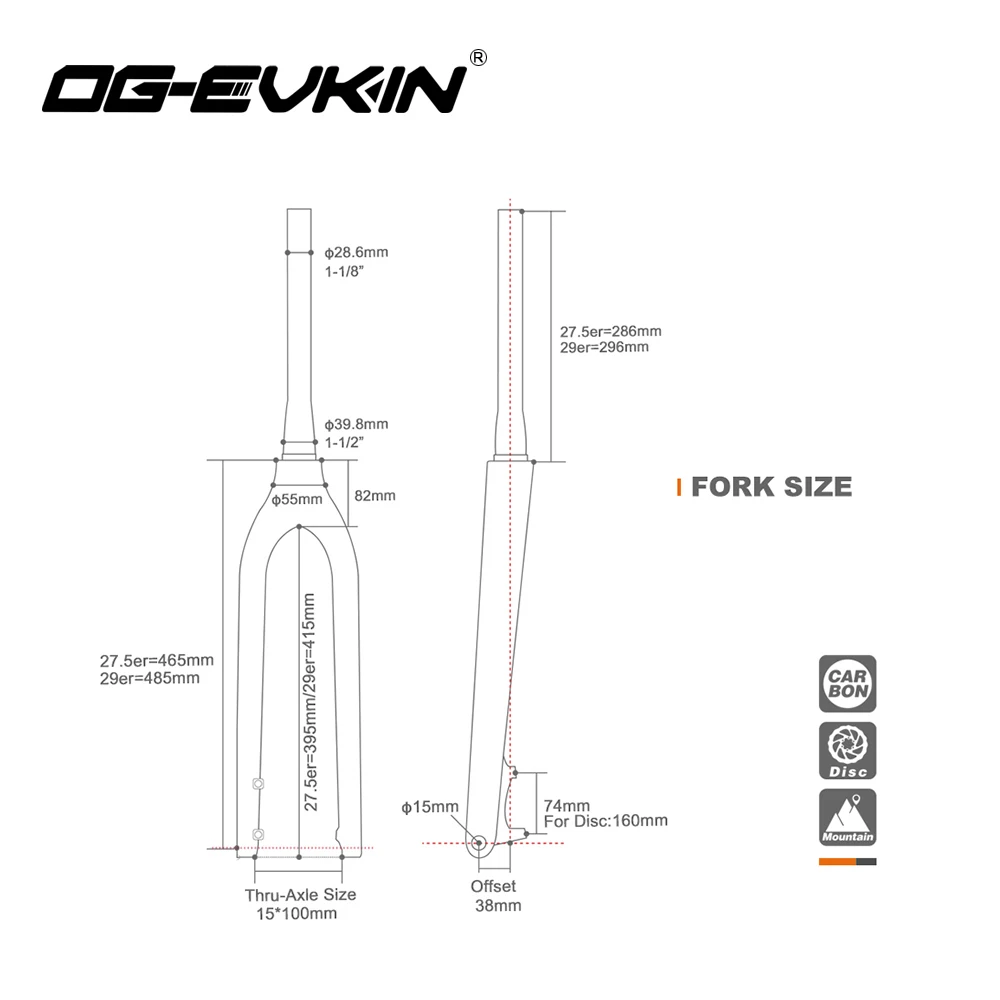 OG-EVKIN FK-006 MTB Fork 27.5er 29er Carbon Black Tapered XC Mountain Bike Bicycle Forks 15 x 100 mm Thru Axle Bike Accessorie