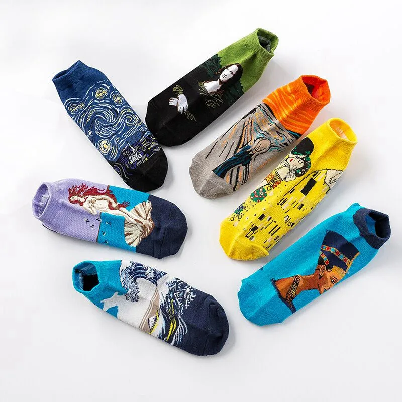 4 Pairs Unisex Classic Van Gogh Oil Painting Casual Men Women Funny Sock Fashion Harajuku Fruit Animal Cotton Female Ankle Socks