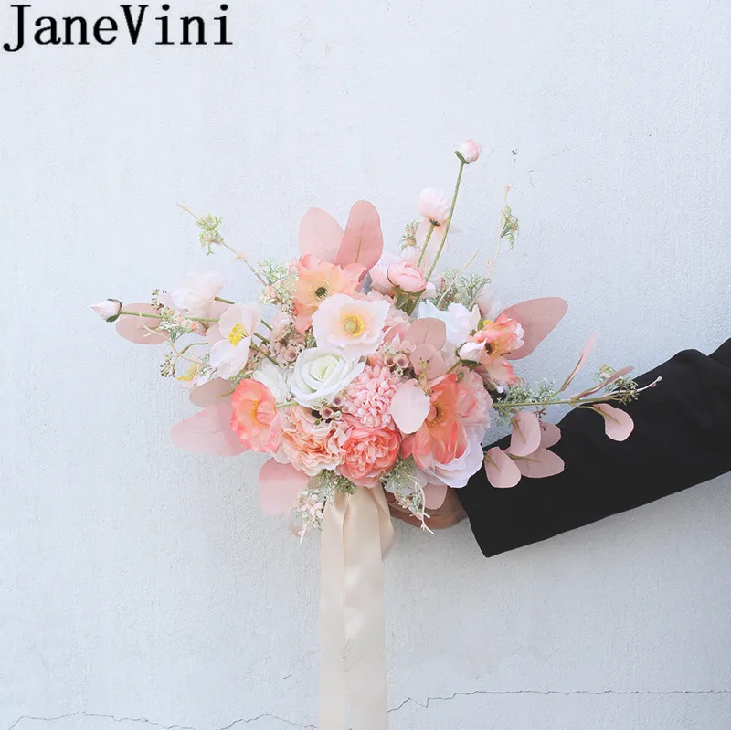 JaneVini Ins Champagne Pink Artificial Bridesmaids Wedding Bouquets Silk Rose Leaves Bridal Flowers Bride Hand Holder rosa flor