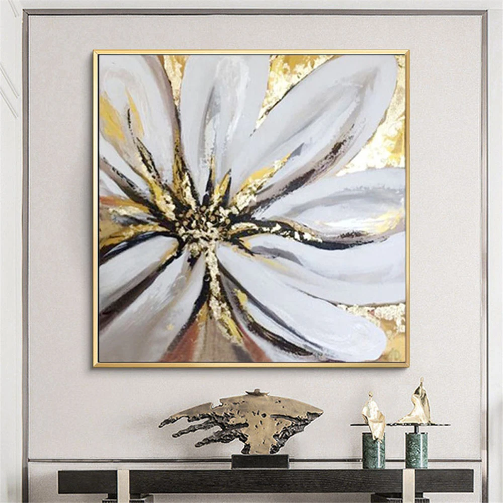 

Hand-painted beautiful oil painting abstract flower gold leaf wall art blue gold canvas painting modern living room decoration