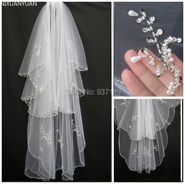 2023 Venda Véus De Noiva Longo Branco Elegnt Mantilla Selvagem Contas De Duas Camadas Para O Casamento Bridal Veil Free & drop Vestidos De Noiva