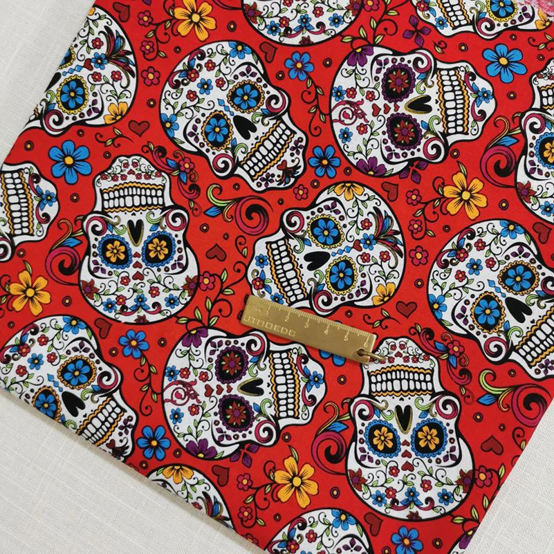 Cotton Sugar Skull Cotton Digital Printed Halloween Fabric Muslin for Quilting DIY Handmade By The Half Meter