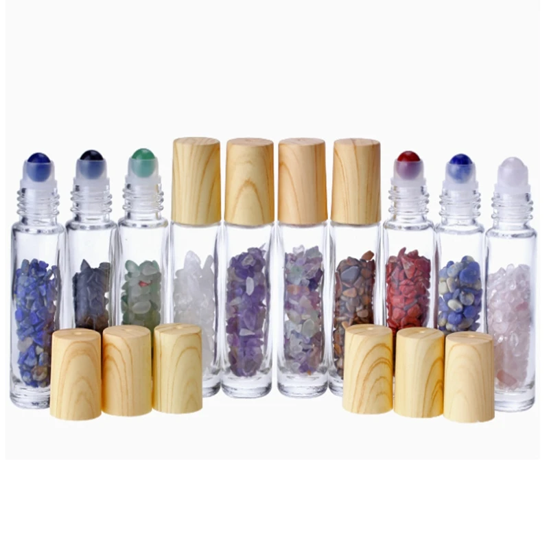 

600pcs/lot Natural Stones Essential Oil bottle Gemstone 10ml Roller Ball Bottles Transparent Glass Healing Crystal Chips Inside