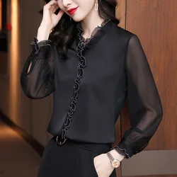 Women's Blouse Elegant Lace Ruffles Chiffon Shirts Spring Autumn Office Lady Commuter Long Sleeve Pullovers Chic Vintage Blouse