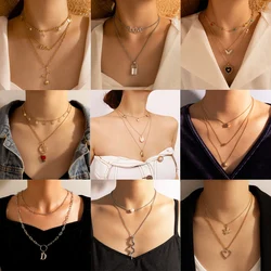 Tocona Bohemian Roseflowers Moon Pendant Neckalce for Women Charms Multi-layer Shell Love Chain Choker Party Jewelry Wholesale