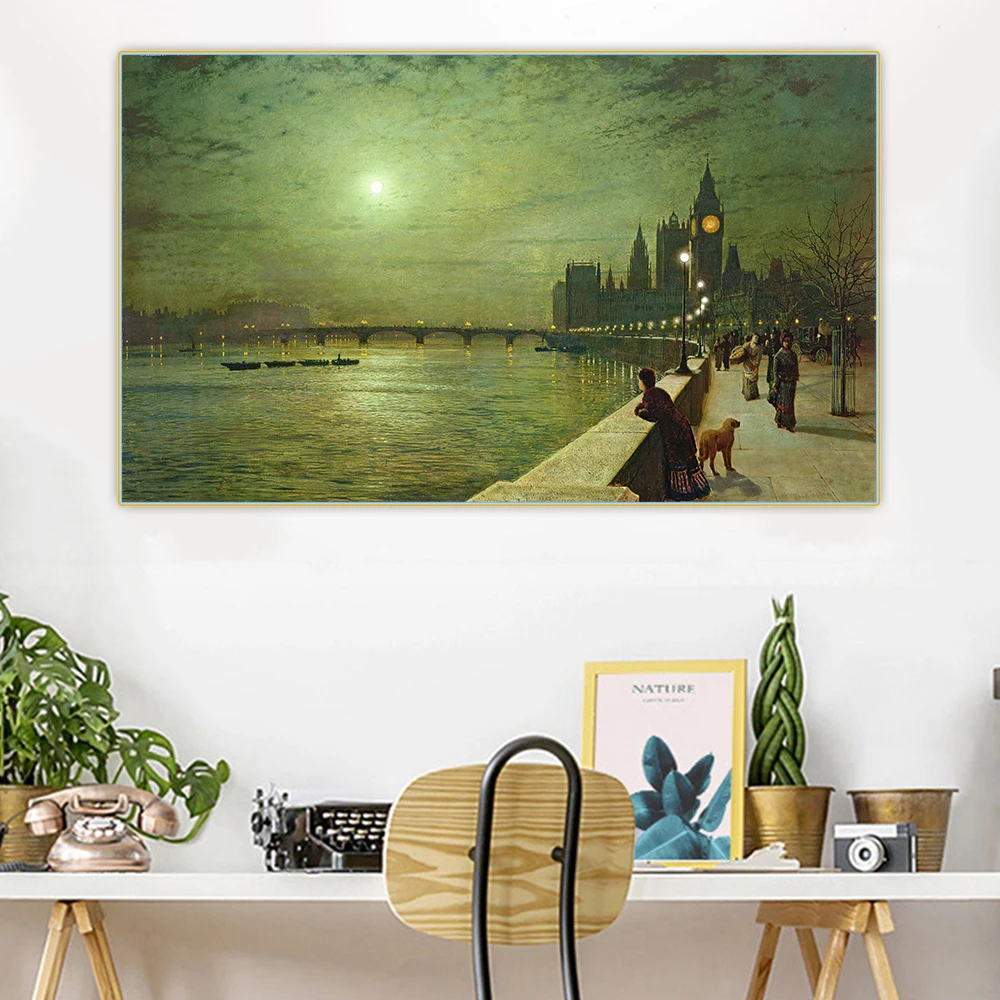 Reflections on the Thames, Westminster by John Atkinson Grimshaw Canvas Oil Painting Picture Backdrop Wall Decor Home Decoration