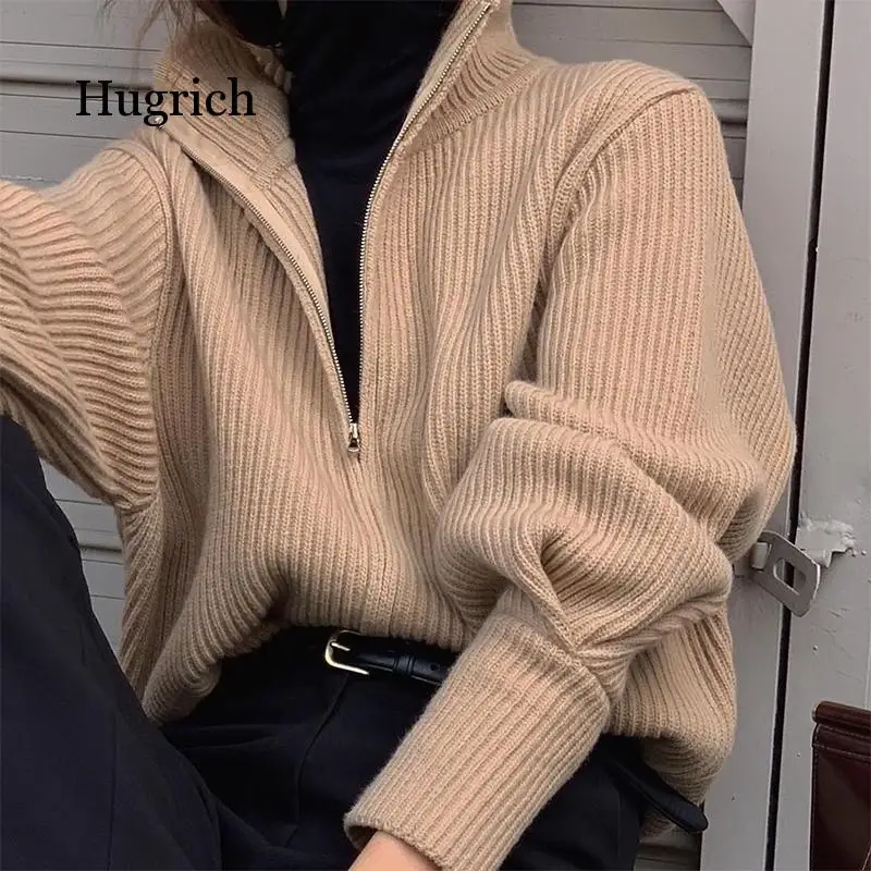 2021 Chic Autumn and Winter Woman's Fashionable High Collar Zipper Loose Warm Long Sleeve Knitted Sweater Coat