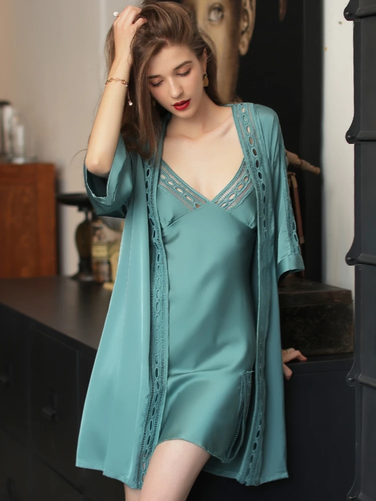 Silk Robe Sets Nightdress Robes Women пижама женская Sexy Pajamas Nightgown Home Wear Bathrobe Female халат ночнушка женская