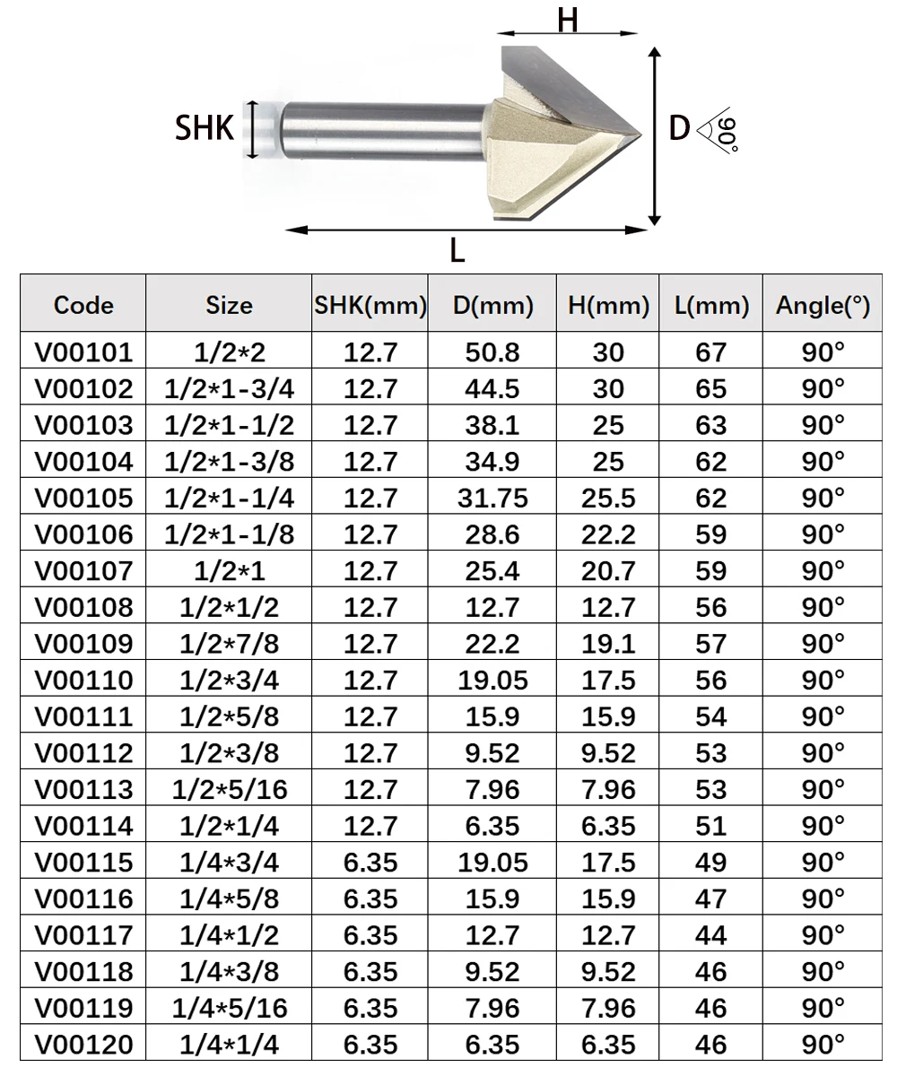 Tideway 90 Degrees V-type Woodworking Milling Cutter Carbide CNC Router Bit V Groove for Wood MDF Cutting Slotting Engraving