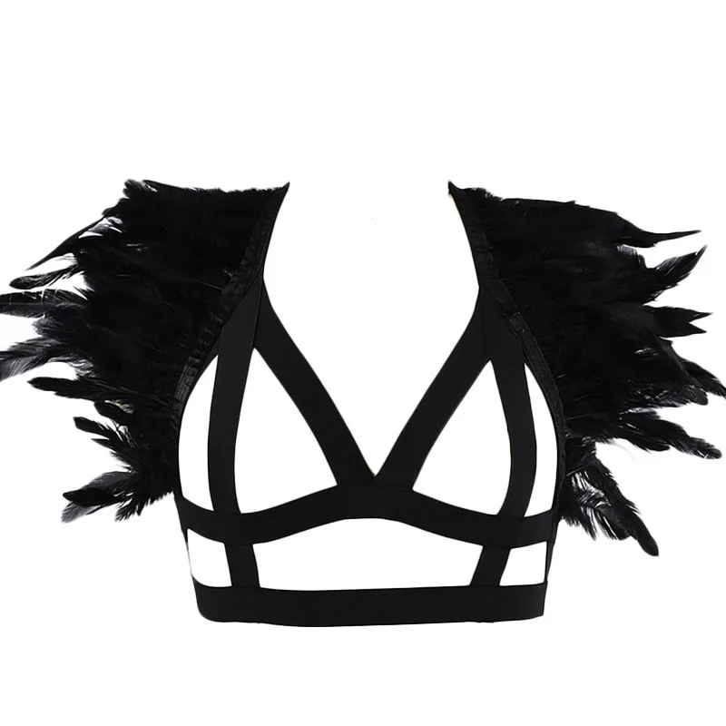 

JLX.HARNESS Feather Bra Body Cage Hollow Body Harness Sexy Lingerie Bandage Belt Burning Feather Harness Bra