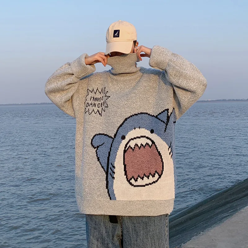 2022 Winter Men Turtlenecks Shark Sweater Men Patchwor Harajuku Korean Style High Neck Oversized Grey Turtleneck Pullover Men