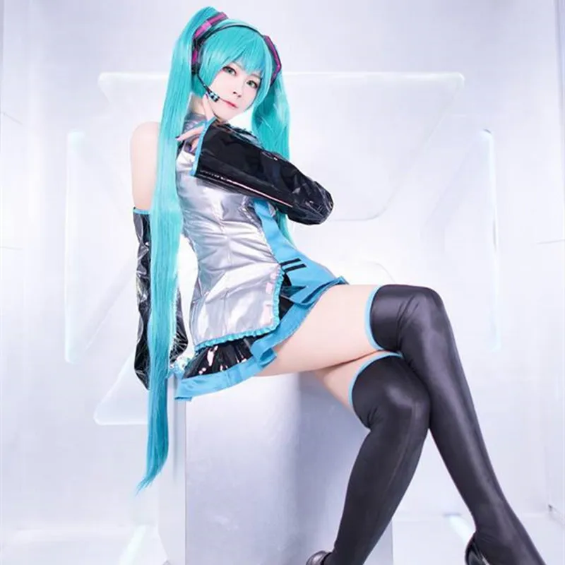 

Leather Vocaloid Anime Cosplay Hatsung Miko Cosplay Costume For Child Women Harajuku Hairpin Skirt Stockings Wig High Quality