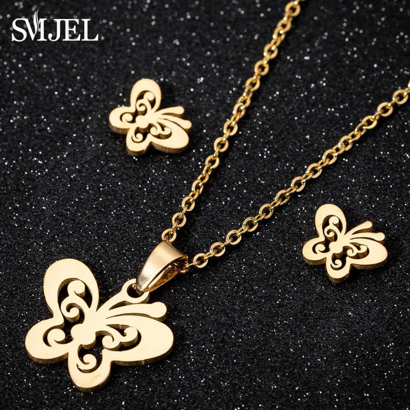 Cute Stainless Steel Butterfly Necklace & Earrings Set