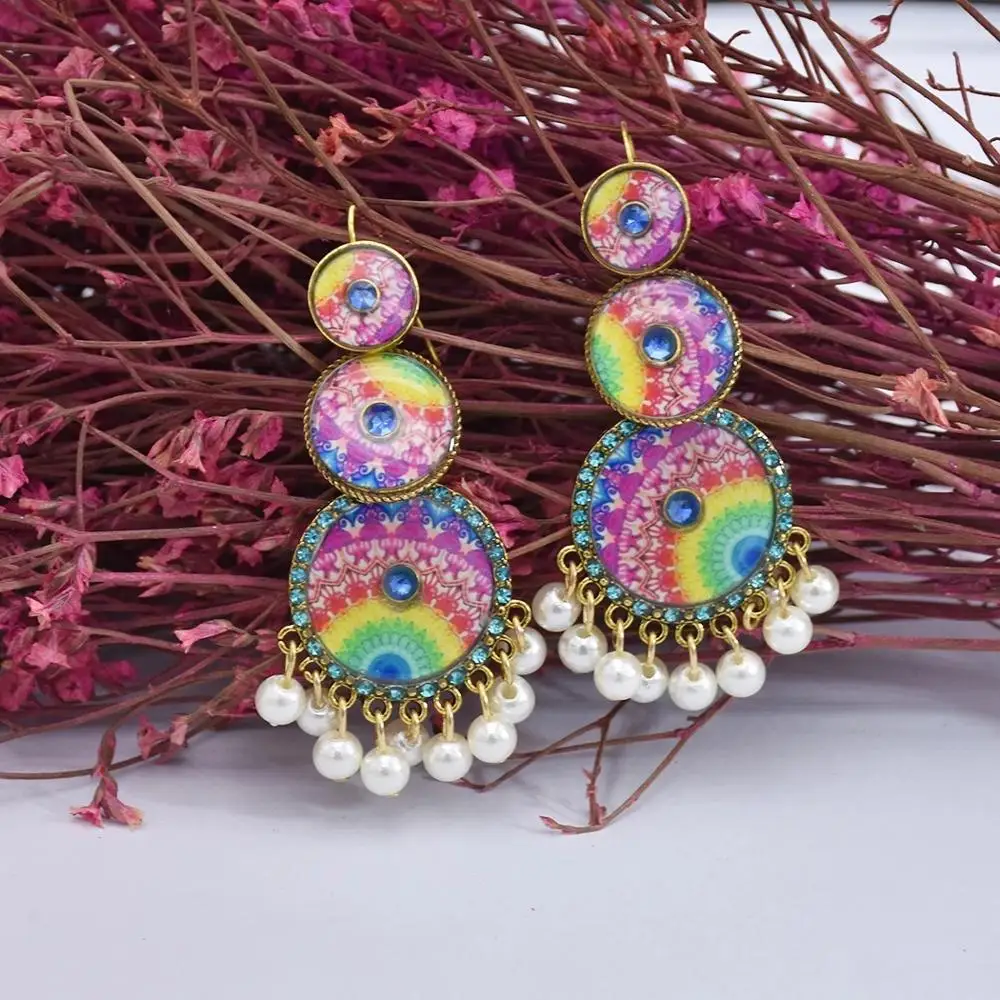 Bollywood Vintage Indian pattern earrings Kundan Jhumka Jhumki Water Drop Earrings Women Boho Ethnic bead Tassel Earring Jewelry