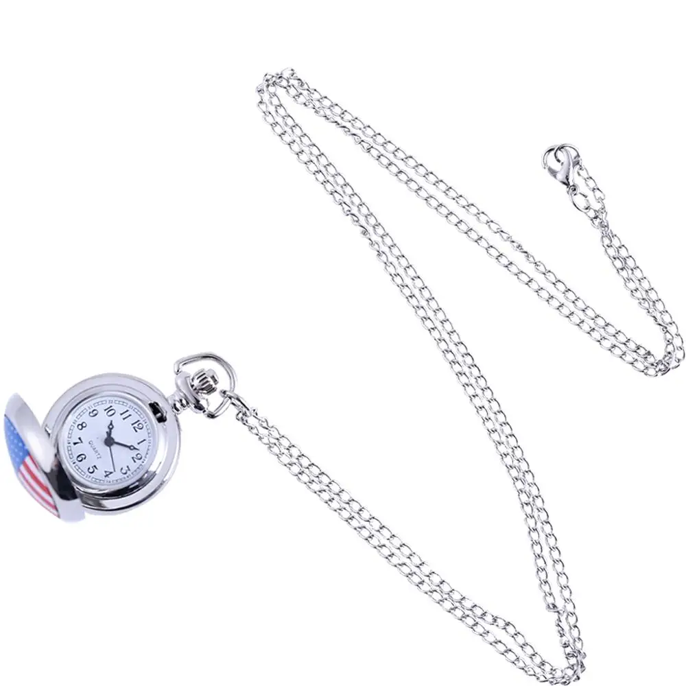 6078Trend retro flag pattern printed open cover pocket watch with chain ladies children's accessories