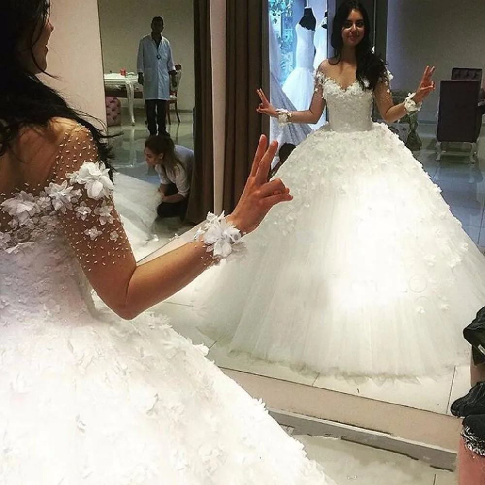 Vestido De novia musulmán De manga larga, ropa árabe De encaje 3D con flores, apliques florales, cuello transparente