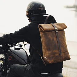 Retro Distressed Cowboy Cowhide Backpack Crazy Horse Leather Designer Men's Travel Backpack Motorcycle Men's Leather School Bag