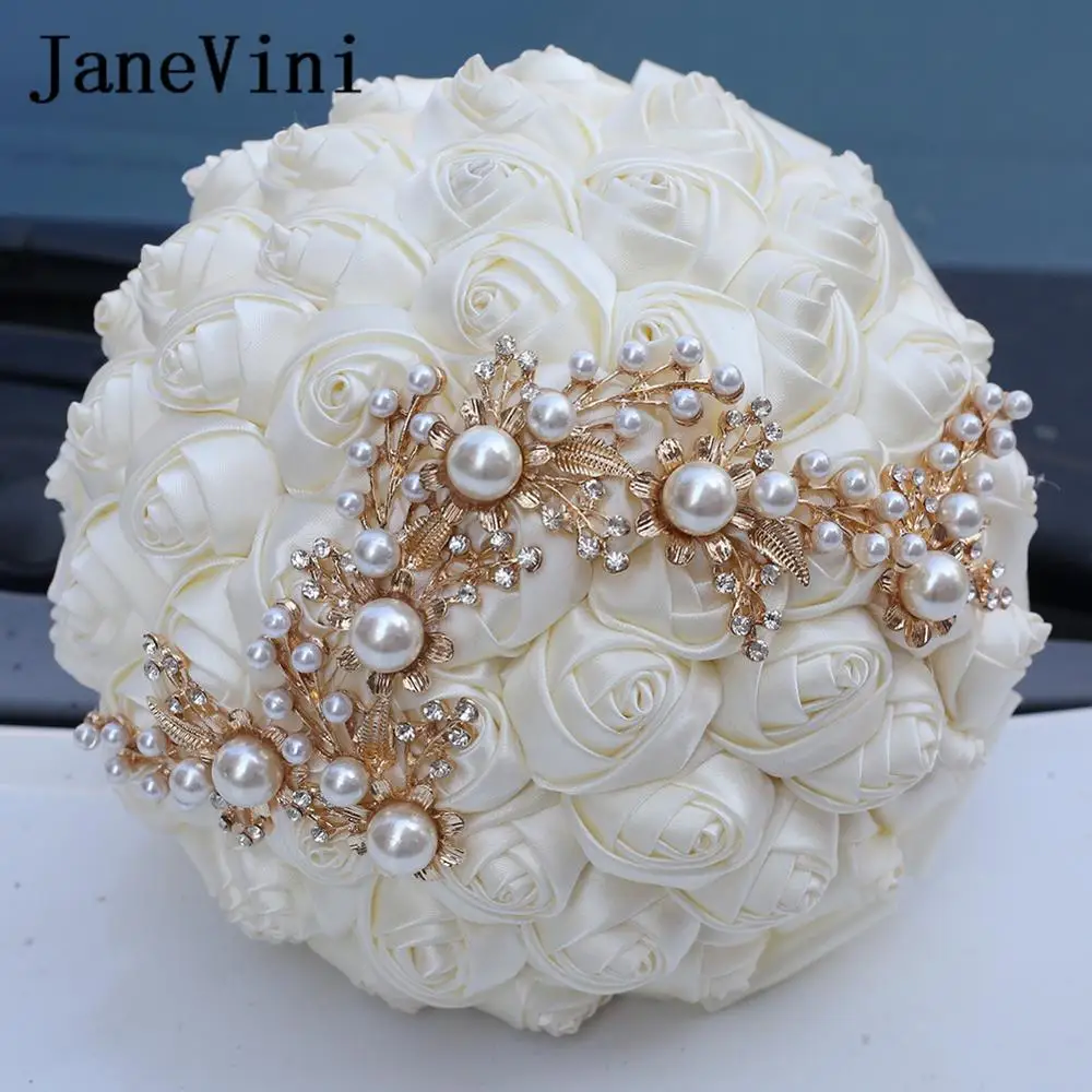 

JaneVini Fashion Ivory Flowers Wedding Bouquets Artifical Satin Roses Pearls Bridal Bridesmaid Hand Bouquet Wedding Accessories