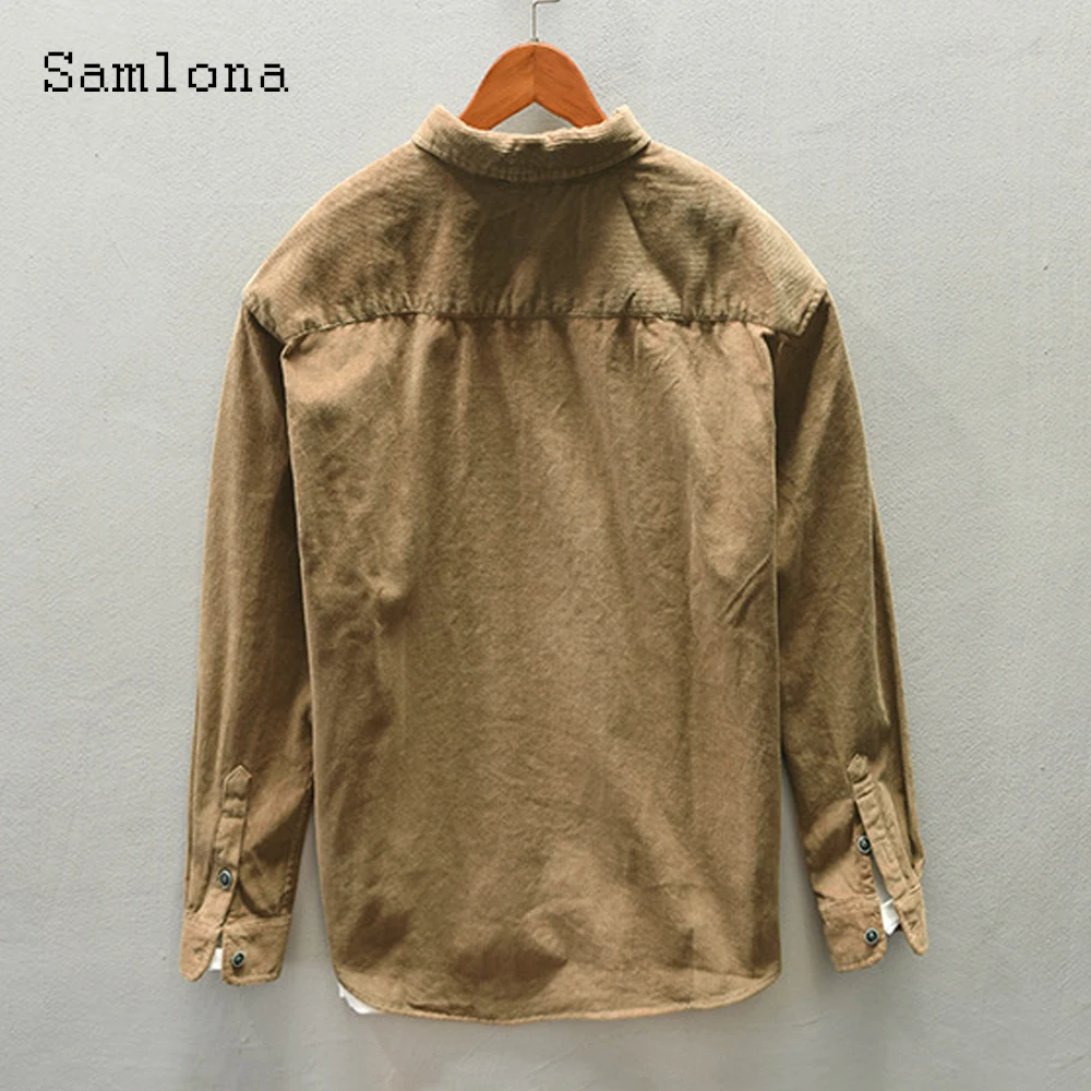 Samlona Men Fashion Corduroy Tops Sexy Male Clothing 2022 Spring New Casual Shirt blusas Plus Size 3xl Mens Lepal Collar Blouse