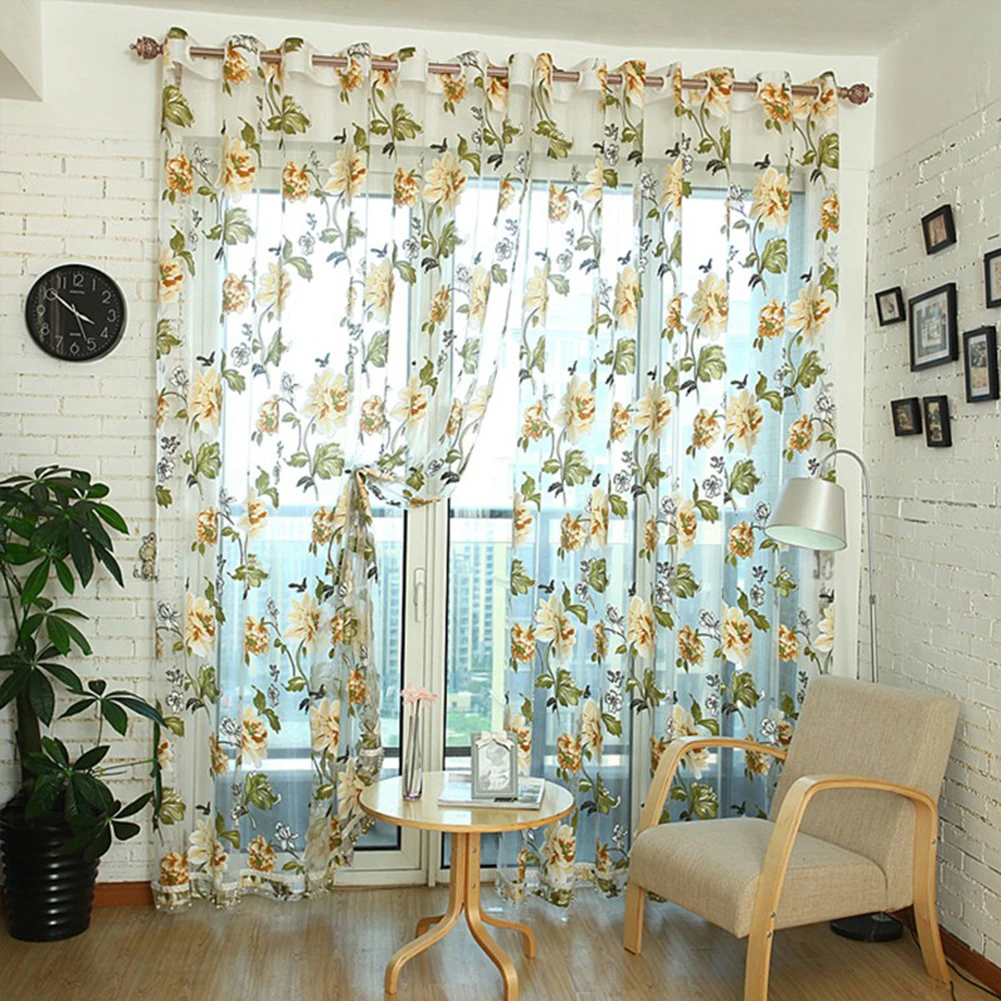 Door Blinds Window Peony Printed Transparent  Curtains for Living Room Bedroom Window Curtain Blinds Stitched with white Voile