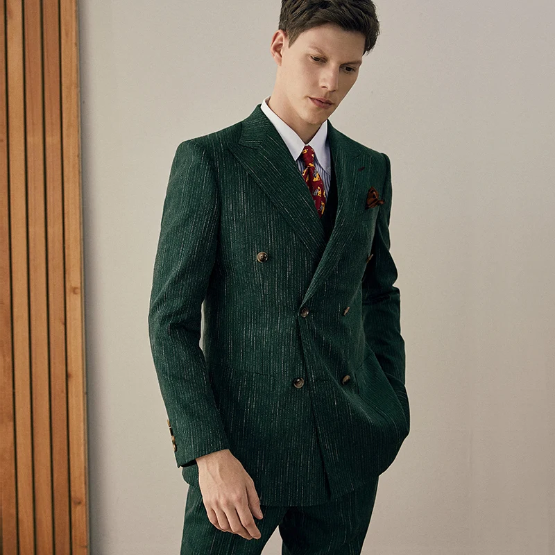 10% Cotton Mens Suits Set 2022 Spring Green Stripe Double Breasted Retro Style Casual Slim Blazer Vest Pant Man Clothing