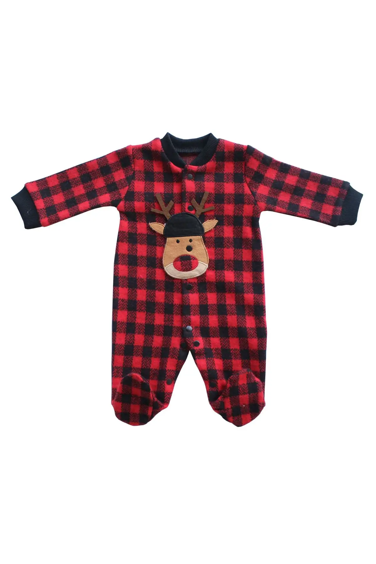 Plaid Deer Patterned Baby Jumpsuit-Red