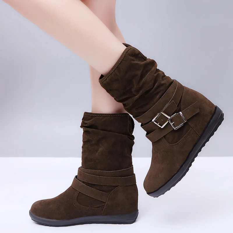 Women Boots Fashion Casual Ladies Shoes Boots Suede Leather Buckle Boots High Heeled Snow Shoes For Femme Ladies Shoes 691