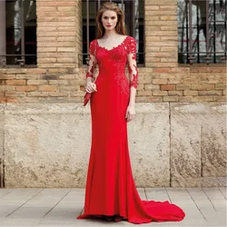 Mother of the Bride Dresses Red Mermaid Applique Formal Evening Half Sleeves robe de soirée femme vestidos para madre de novia