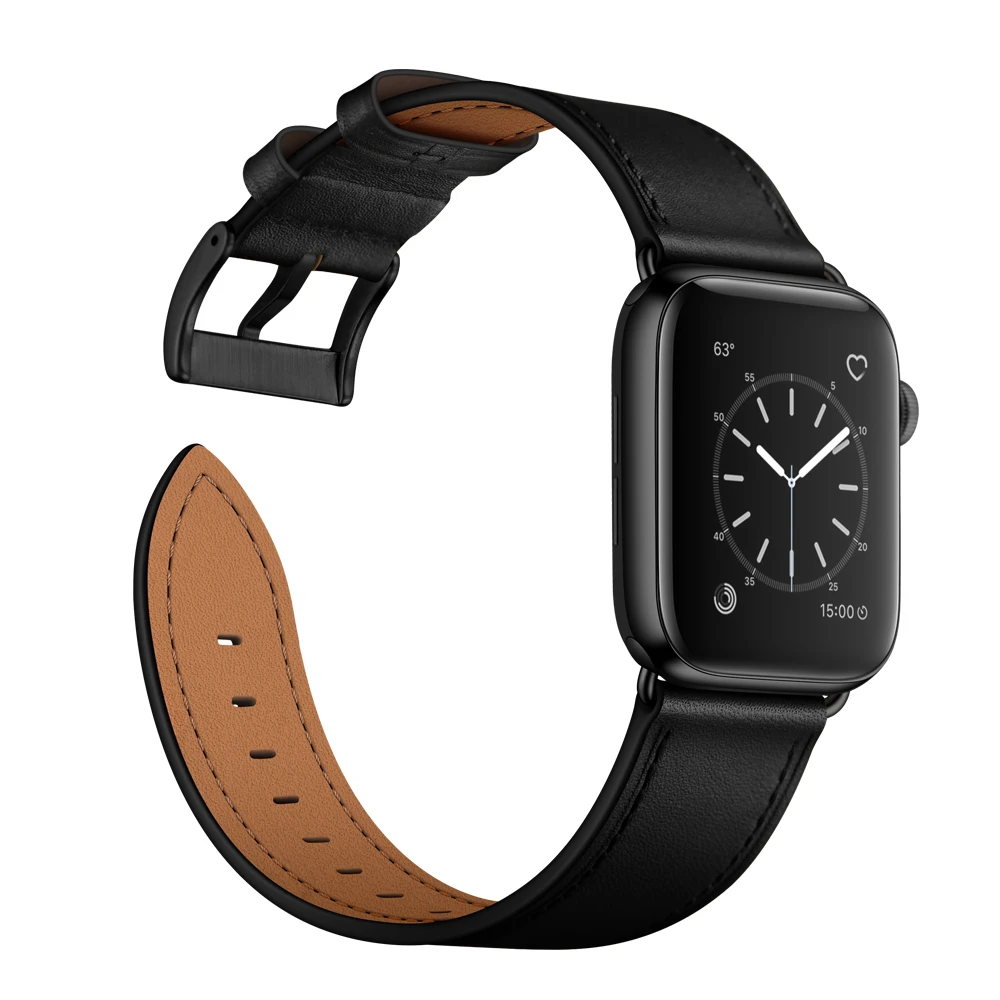 

VIOTOO Black Leather 45mm 44mm 42mm Watch strap for Apple watch band series 7 6 SE 5 4 3 38mm 41mm Genuine Leather Watch Strap