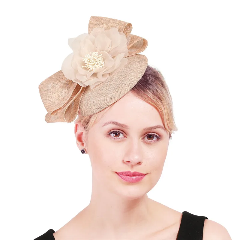 Champagne Vintage Hair Fascinator Hat Women Elegant Party Hats Bridal Wedding Show Race Millinery With Fancy Flower Headpiece