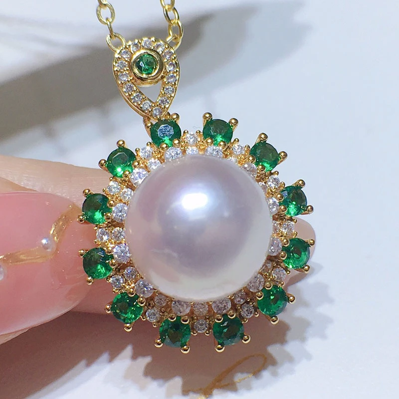 HABITOO Stunning Natural 10-11mm White Round Cultured Pearl Sunflower Green Ruby Cubic Zircon Pendant Necklace Ring Set Jewelry