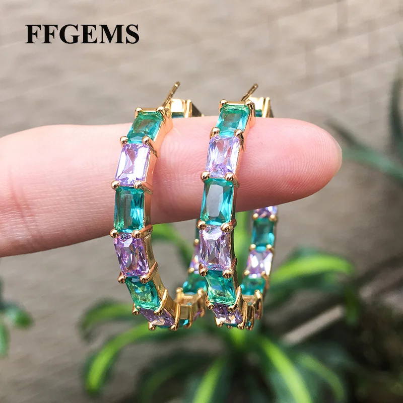 FFGems Multi Color Green Blue Stone Hoop Earrings For Women Girl Gift Big Circle Earrings Black Gold Plated Wholesale