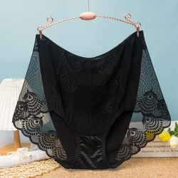 Plus Size Thin Lace Hollow Transparent Panties High Waist Underpants Women Satin Lingerie Briefs Brazilian Women's Panties