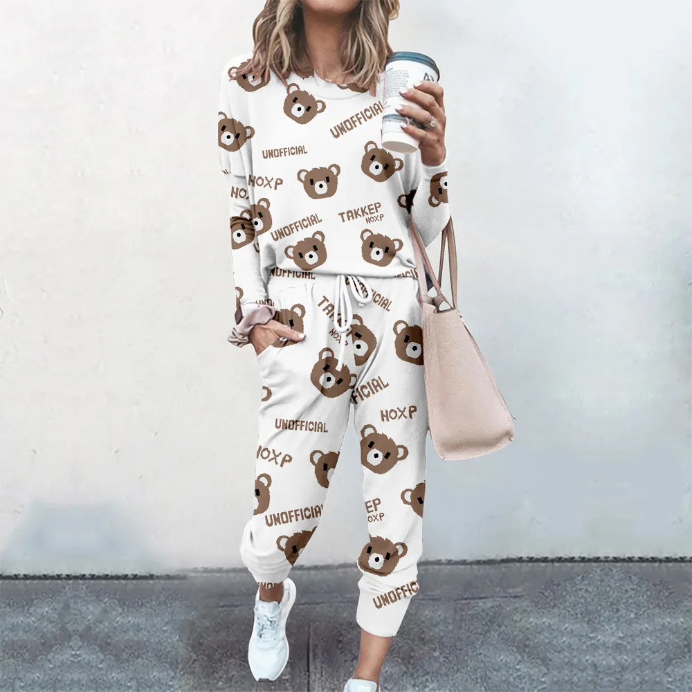 

Women 2 Piece Sets Pullovers Cloting Long Sleeve Cute Bear Print Female Tops And Elastic Waist Pants Casual Streetwear Tracksuit