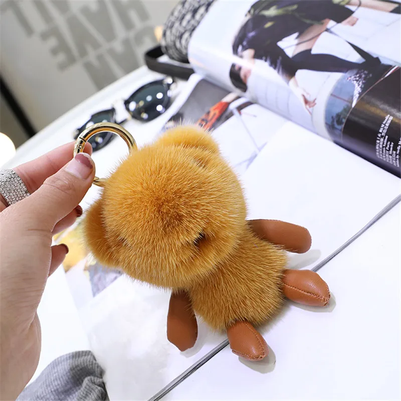 Women Genuine Soft Cute Mink Fur Bear Real Fur Ball keychain Hanging Bag Ornaments Pendant Plush Toys Doll Car Key Keyring Gift