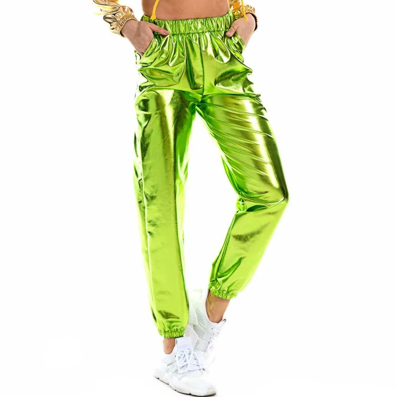 Women Shiny Holographic Pants Loose High Waist Metallic Trousers Dance Performance Hip Hop Pants Streetwear Joggers