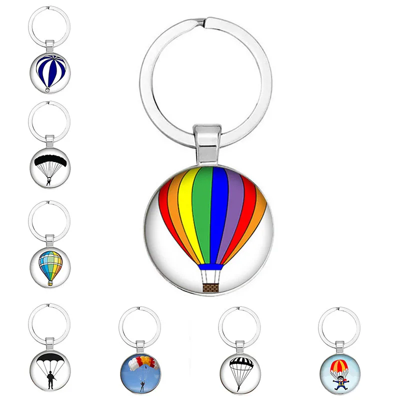 New Sports And Leisure 25mm Handmade Skydiver Silhouette Pendant Keychain Key Chain Round Glass Cabochon Charm Key Ring Sports T