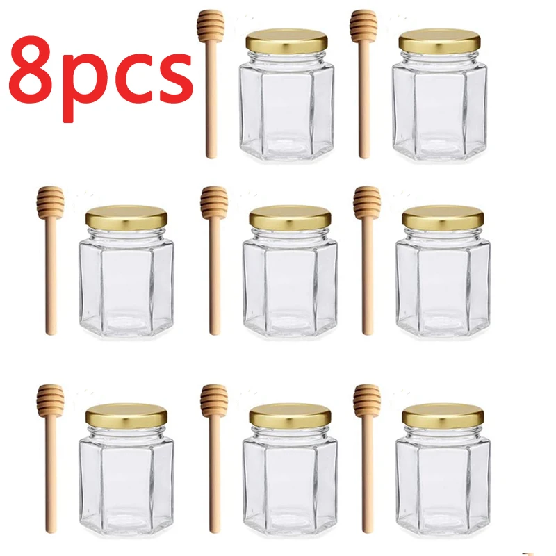 Hexagon Mini Glass Canning Jars with Gold Lid for Wedding Favors, Baby Shower, Honey, Wooden Honey Dipper(8 pcs)