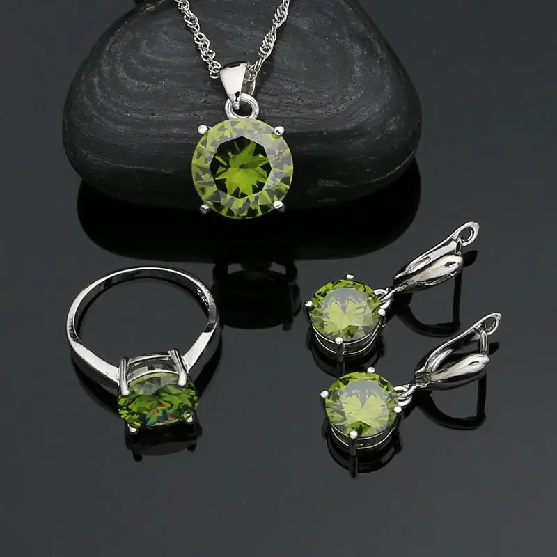 Olive Green Jewelry Set Cubic Zirconia 925 Silver Ring Earrings Chain Pendant Retro Jewelry Girl Accessories for Party