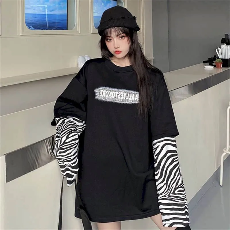 

shirts for women fake two-piece tops female zebra pattern stitching long-sleeved bottoming shirt black loose Korean style autumn