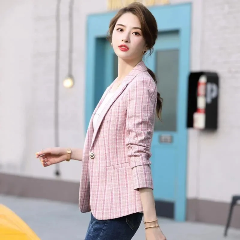 Plaid Kurzen Blazer Jacke Frauen Kurze Dünne Mantel 2021 Frühling Herbst Neue Koreanische Stil Kleinen Anzug frauen Blazer Jacke apricot 32