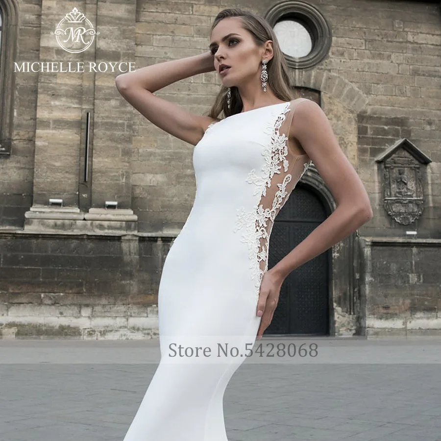 Michelle Royce Zeemeermin Trouwjurken Elegant Scoop Cut-Out Applicaties Sierlijke Knop Hof Trein Bruidsjurken Vestido De Novia