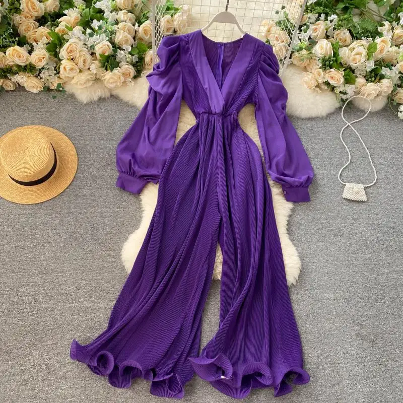 Women\'s Sexy Pleated Romper Autumn 2021 Solid Purple/Black/White Jumpersuit Female Ruffle Wide Leg Draped Playsuits Female New