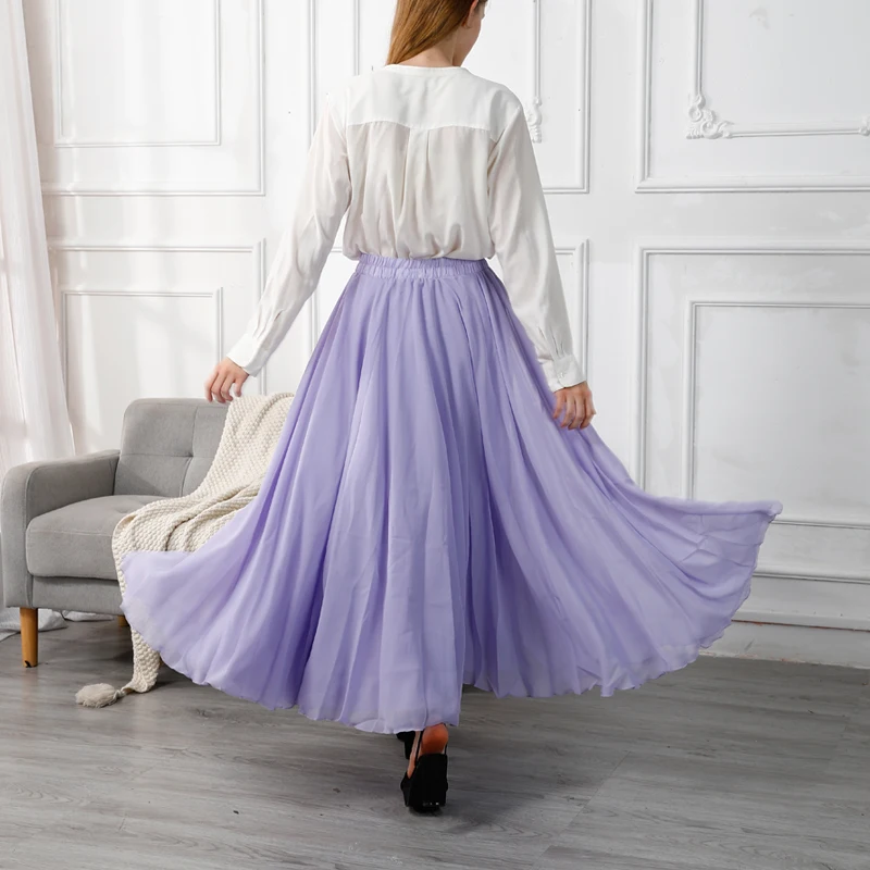 Women\'s Elegant Flowy Solid Maxi Skirt Boho High Waist 3 Layers Chiffon Non-transparent Beach A-Line Skirts 2024 Autumn SK906