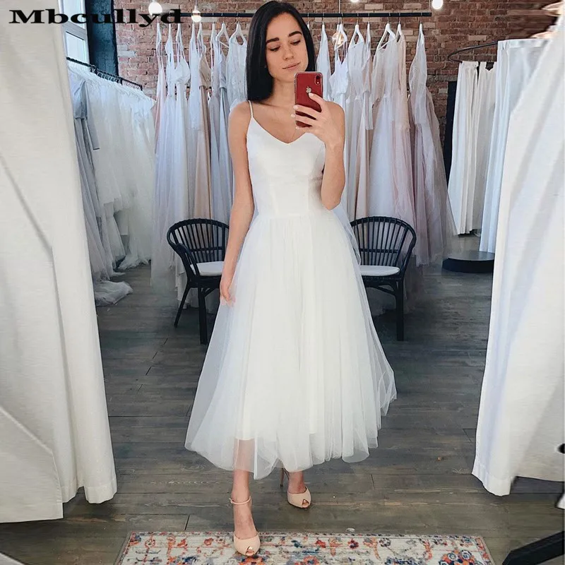 

Mbcullyd Tea Length Beach Wedding Dresses 2023 Elegant Tulle Boho Church Gowns suknia slubna Cheap Plus Size vestido de noiva