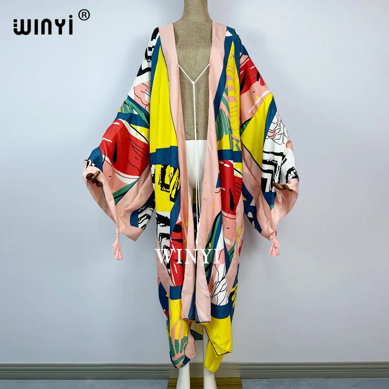 2021 WINYI new Cotton Bikini Sweet Lady Pink Boho Print Self Belted Front Open Long Kimono Dress Beach Tunic Women Wrap Dresses