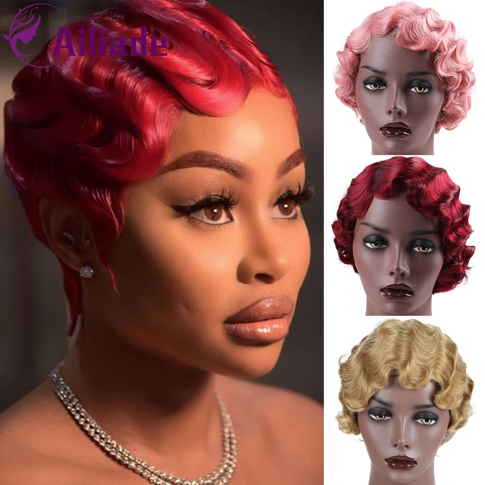 AILIADE 6Inches Vintage Short Finger Wave Synthetic Wig Afro Kinky Curly Wigs for Woman Black Purple Blonde Heat Resistant Hair